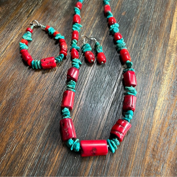 Real Turquoise Red Coral Necklace Bracelet Earring 3 pc set blue green handmade - Picture 3 of 16